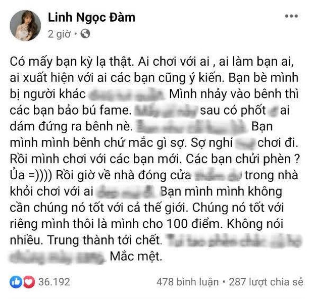 Linh Ngọc Đàm lại nổi đóa trên mạng xã hội, chốt lại với quan điểm gây nhiều tranh cãi: Bạn mình, mình bênh chứ mắc gì sợ! - Ảnh 1.