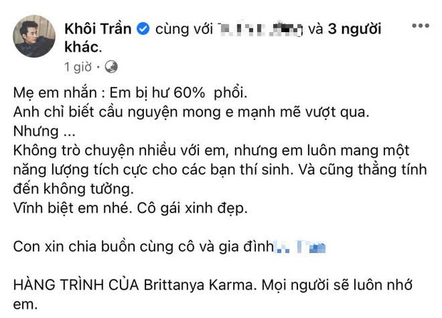 Host Anh Chàng Độc Thân chia sẻ về sự ra đi của Brittanya Karma: Mẹ em nhắn em bị hư 60% phổi - Ảnh 2. Host Anh Chàng Độc Thân chia sẻ về sự ra đi của Brittanya Karma: Mẹ em nhắn em bị hư 60% phổi - Ảnh 2.