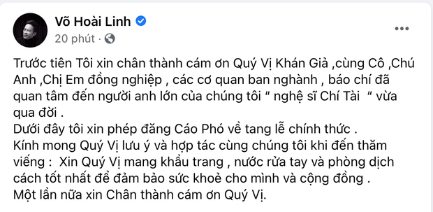 NS Hoài Linh, Việt Hương đăng cáo phó, thông báo sẽ chịu tang vai em trong đám tang cố NS Chí Tài tại Việt Nam - Ảnh 3. NS Hoài Linh, Việt Hương đăng cáo phó, thông báo sẽ chịu tang vai em trong đám tang cố NS Chí Tài tại Việt Nam - Ảnh 3.