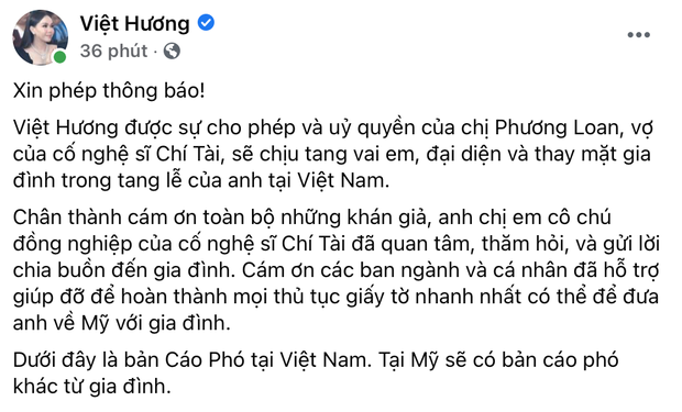 NS Hoài Linh, Việt Hương đăng cáo phó, thông báo sẽ chịu tang vai em trong đám tang cố NS Chí Tài tại Việt Nam - Ảnh 2. NS Hoài Linh, Việt Hương đăng cáo phó, thông báo sẽ chịu tang vai em trong đám tang cố NS Chí Tài tại Việt Nam - Ảnh 2.