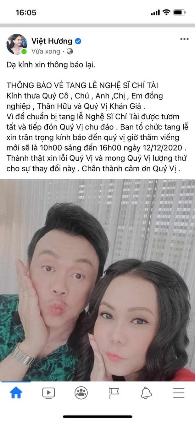 NS Hoài Linh, Việt Hương thông báo gia đình miễn nhận phúng điếu, mong sẽ lập quỹ từ thiện mang tên cố NS Chí Tài - Ảnh 3. NS Hoài Linh, Việt Hương thông báo gia đình miễn nhận phúng điếu, mong sẽ lập quỹ từ thiện mang tên cố NS Chí Tài - Ảnh 3.