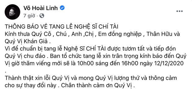 Trước ngày tổ chức tang lễ cố NS Chí Tài, NS Hoài Linh đột ngột thông báo có thay đổi quan trọng - Ảnh 2. Trước ngày tổ chức tang lễ cố NS Chí Tài, NS Hoài Linh đột ngột thông báo có thay đổi quan trọng - Ảnh 2.