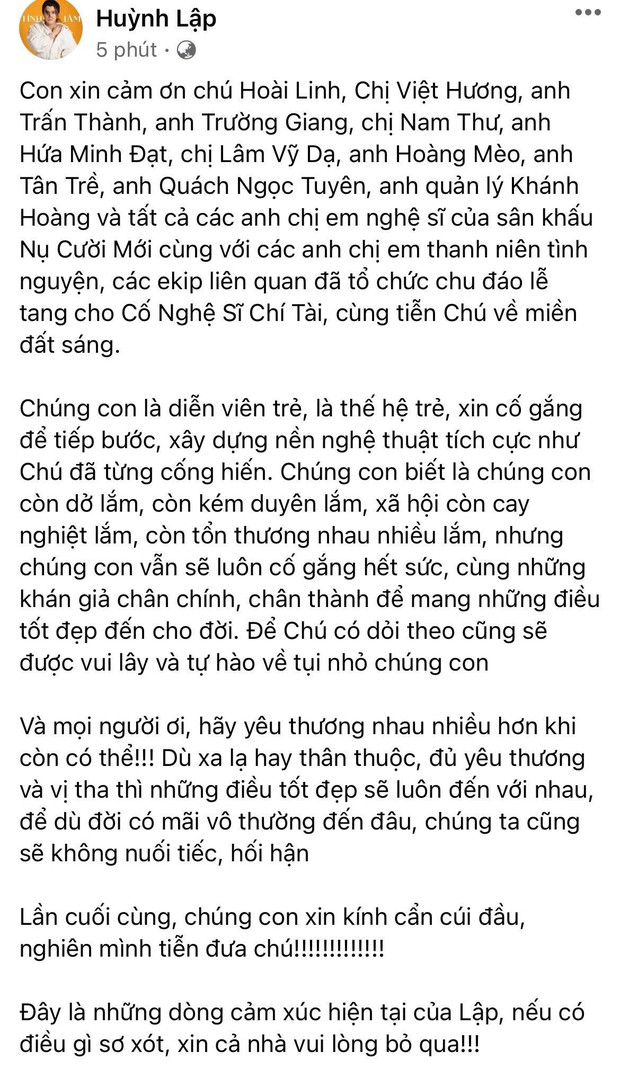 NS Việt Hương, Trấn Thành và gần cả Vbiz gửi tâm thư cuối tới NS Chí Tài: “Chị Bé Heo đang đợi anh, mọi người mãi mãi nhớ anh!” - Ảnh 7.