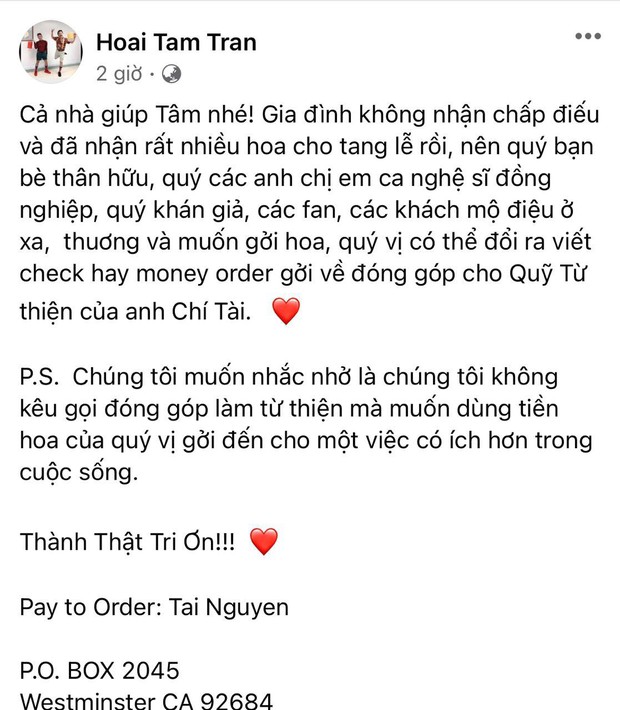 Hoài Tâm đại diện gia đình cố NS Chí Tài lên tiếng làm rõ chuyện nhận tiền thay cho vòng hoa khi đến viếng - Ảnh 2.