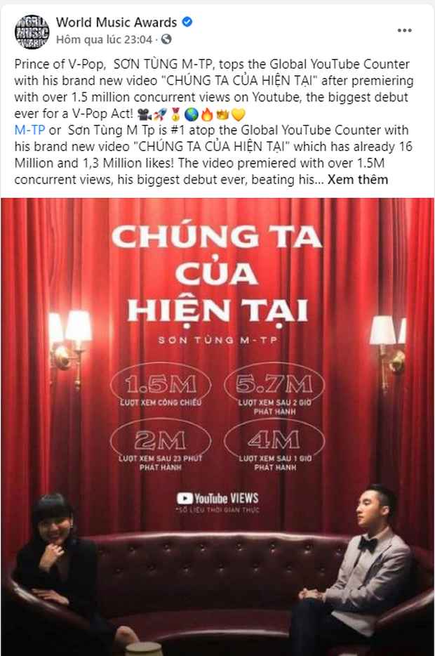 World Music Awards ca ngợi thành tích Chúng Ta Của Hiện Tại, gọi Sơn Tùng M-TP là Hoàng tử Vpop - Ảnh 1.