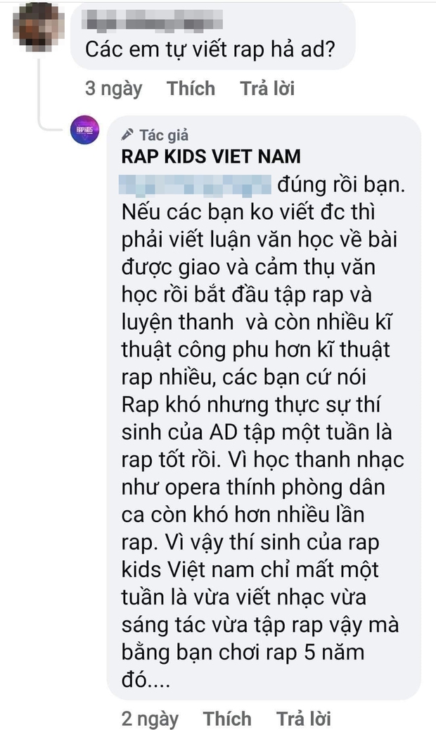 Admin trang Rap Kids tuyên bố thí sinh nhí chỉ mất 1 tuần sáng tác, vừa tập rap đã bằng rapper luyện 5 năm? - Ảnh 2. Admin trang Rap Kids tuyên bố thí sinh nhí chỉ mất 1 tuần sáng tác, vừa tập rap đã bằng rapper luyện 5 năm? - Ảnh 2.