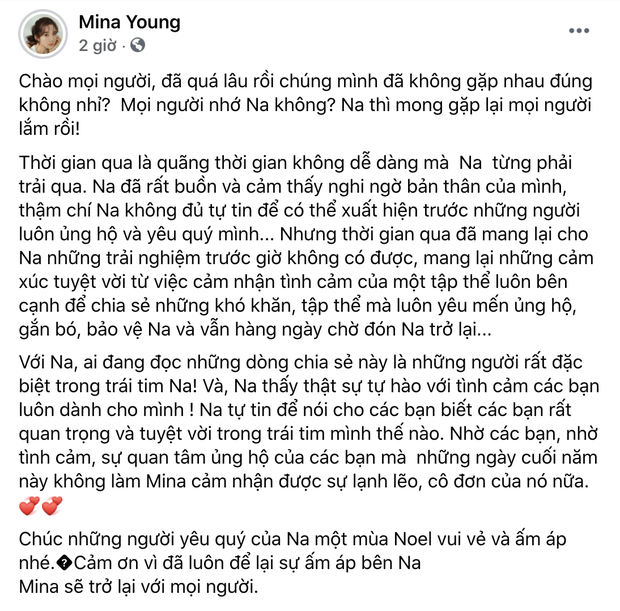 Mina Young bất ngờ viết tâm thư về quãng thời gian dính lùm xùm phải nghỉ livestream, úp mở chuyện tương lai? - Ảnh 1.