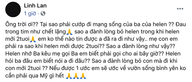 Xót xa status của vợ Vân Quang Long 1 ngày trước lễ viếng: “Sao anh đành lòng bỏ đi, Helen nhớ ba em biết gọi ai bây giờ” - Ảnh 2.