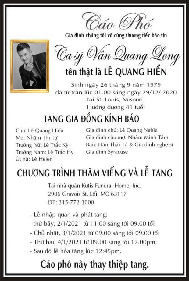 Cáo phó tang lễ tiễn đưa NS Vân Quang Long tại Mỹ: Hé lộ thời gian diễn ra lễ nhập quan, phát tang và địa điểm tổ chức - Ảnh 2.