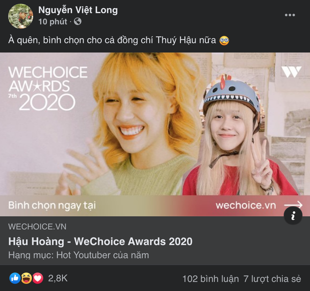 WeChoice Awards 2020: Đua vote quyết liệt ở hạng mục Hot YouTuber của năm, Hậu Hoàng tạm dẫn đầu nhờ lời kêu gọi của Mũi trưởng! - Ảnh 3.
