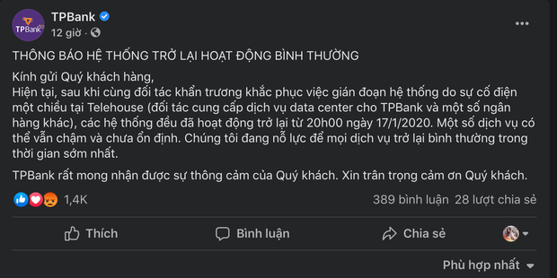 Cập nhật sự cố lỗi hệ thống ngân hàng: VPBank, TPBank thông báo đã khắc phục lỗi hệ thống, tuy nhiên người dùng thì vẫn chưa thực hiện được giao dịch - Ảnh 1.