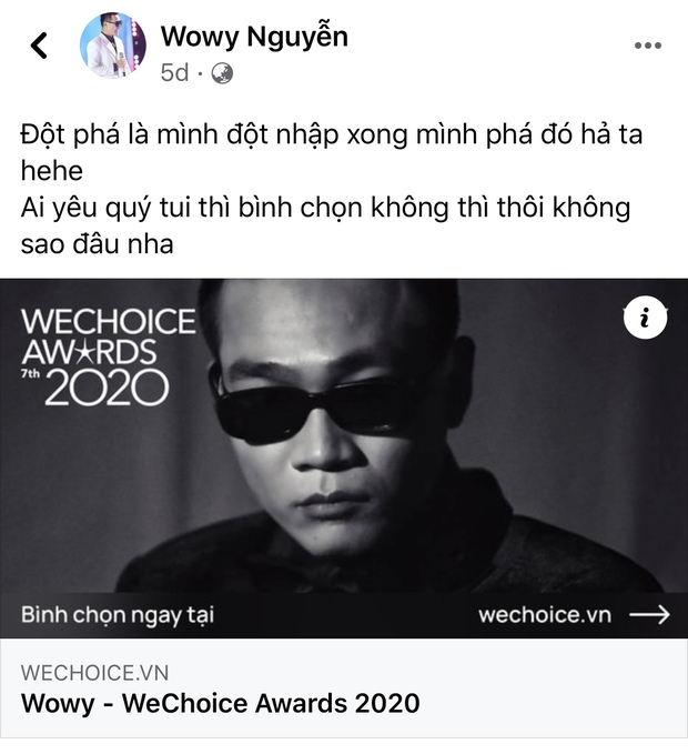 Vbiz rần rần vì WeChoice Awards 2020: Sao Việt đăng đầy newsfeed, fanpage NS Chí Tài chia sẻ đầy xúc động, Binz - Hoà Minzy gấp rút kêu gọi - Ảnh 5.