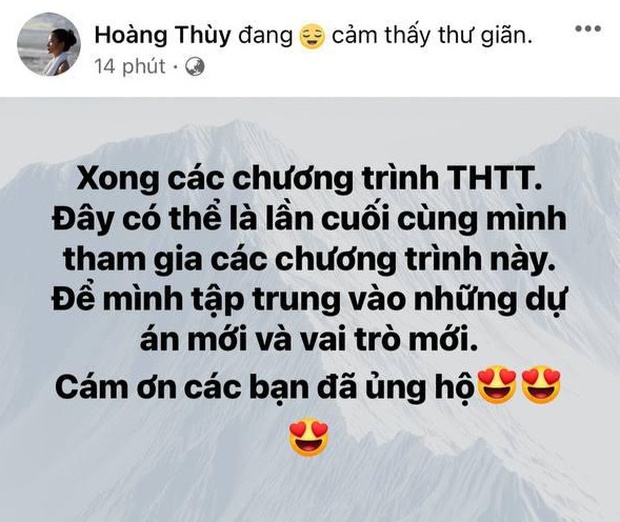 Giữa lúc rộ lên kết quả Đại Sứ Hoàn Mỹ, Hoàng Thuỳ thông báo sẽ dừng tham gia show truyền hình thực tế: Lý do là gì đây? - Ảnh 2.