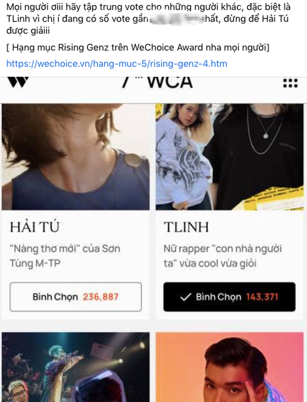 Bùng nổ tranh cãi khi Jack vượt Sơn Tùng M-TP sát giờ chốt sổ WCA 2020: Đòi huỷ vote Hải Tú, đẩy mạnh bình chọn cho Tlinh? - Ảnh 5. Bùng nổ tranh cãi khi Jack vượt Sơn Tùng M-TP sát giờ chốt sổ WCA 2020: Đòi huỷ vote Hải Tú, đẩy mạnh bình chọn cho Tlinh? - Ảnh 5.