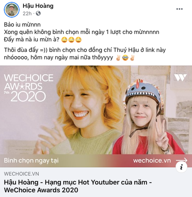 Hậu Hoàng kêu gọi bình chọn WeChoice Awards, Mũi trưởng Long show ngay bằng chứng mỗi ngày đều góp 1 lượt vote - Ảnh 1. Hậu Hoàng kêu gọi bình chọn WeChoice Awards, Mũi trưởng Long show ngay bằng chứng mỗi ngày đều góp 1 lượt vote - Ảnh 1.