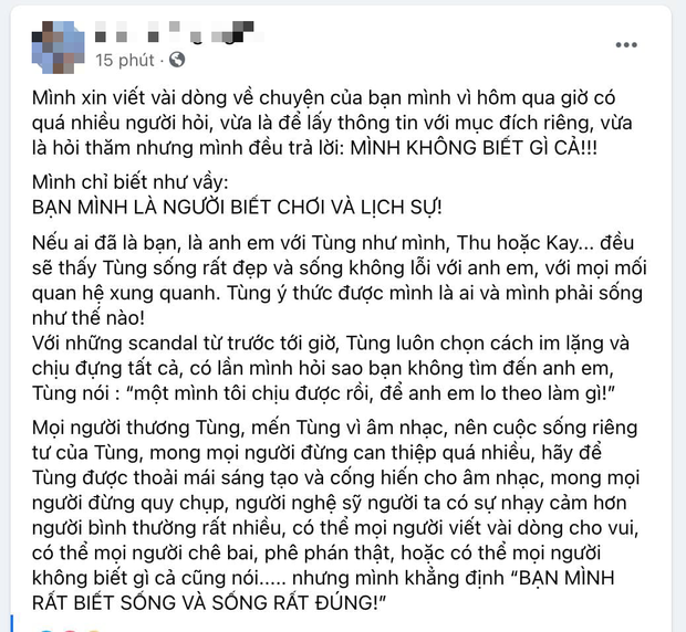Giữa ồn ào trà xanh, bạn thân Sơn Tùng lên tiếng bảo vệ cực gắt: Bạn minh rất biết sống và sống rất đúng - Ảnh 2. Giữa ồn ào trà xanh, bạn thân Sơn Tùng lên tiếng bảo vệ cực gắt: Bạn minh rất biết sống và sống rất đúng - Ảnh 2.