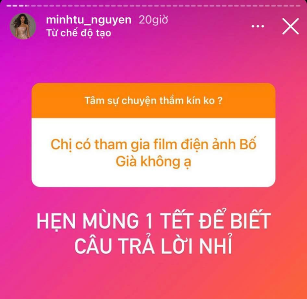 Minh Tú úp mở đóng phim Tết Bố Già cùng Trấn Thành trước chung kết Thế Giới Hoàn Mỹ: Thời cơ của Thúy Liễu đã đến? - Ảnh 2. Minh Tú úp mở đóng phim Tết Bố Già cùng Trấn Thành trước chung kết Thế Giới Hoàn Mỹ: Thời cơ của Thúy Liễu đã đến? - Ảnh 2.