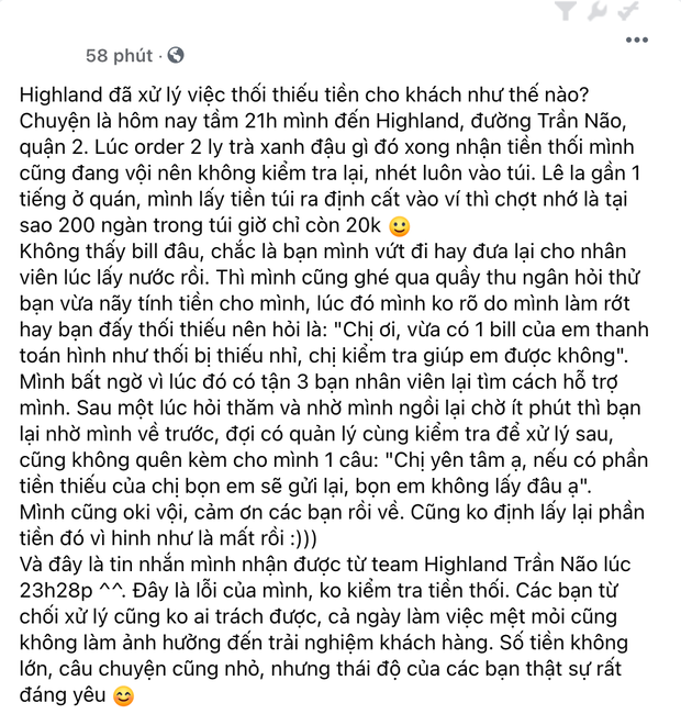 Mua nước ở Highlands bị thối tiền thừa không đủ, nhân viên order đã xử lý như thế nào? - Ảnh 1. Mua nước ở Highlands bị thối tiền thừa không đủ, nhân viên order đã xử lý như thế nào? - Ảnh 1.