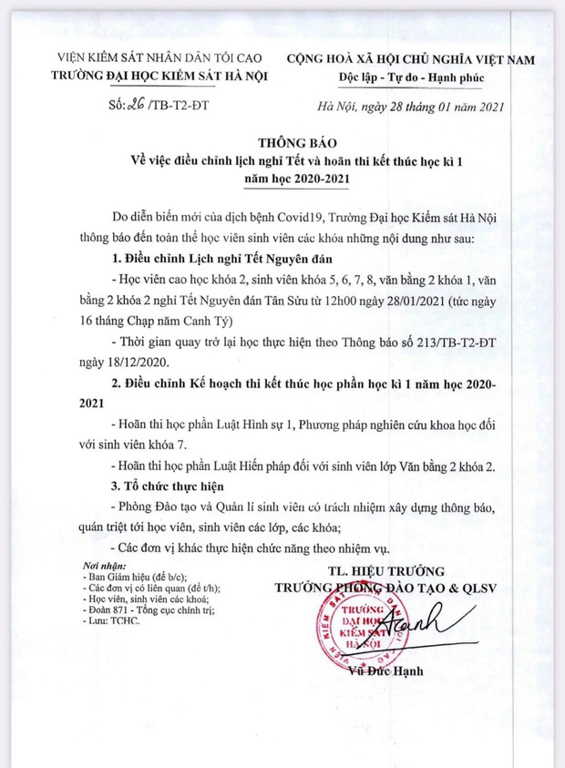 Cập nhật: Hàng loạt trường ĐH gửi thông báo khẩn giữa đêm cho sinh viên hoãn thi, nghỉ Tết sớm - Ảnh 3. Cập nhật: Hàng loạt trường ĐH gửi thông báo khẩn giữa đêm cho sinh viên hoãn thi, nghỉ Tết sớm - Ảnh 3.