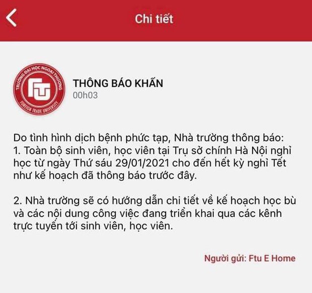Cập nhật: Hàng loạt trường ĐH gửi thông báo khẩn giữa đêm cho sinh viên hoãn thi, nghỉ Tết sớm - Ảnh 1. Cập nhật: Hàng loạt trường ĐH gửi thông báo khẩn giữa đêm cho sinh viên hoãn thi, nghỉ Tết sớm - Ảnh 1.