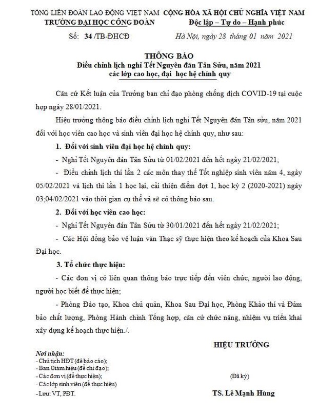 Cập nhật: Hàng loạt trường ĐH gửi thông báo khẩn cho sinh viên hoãn thi, nghỉ Tết sớm - Ảnh 1.