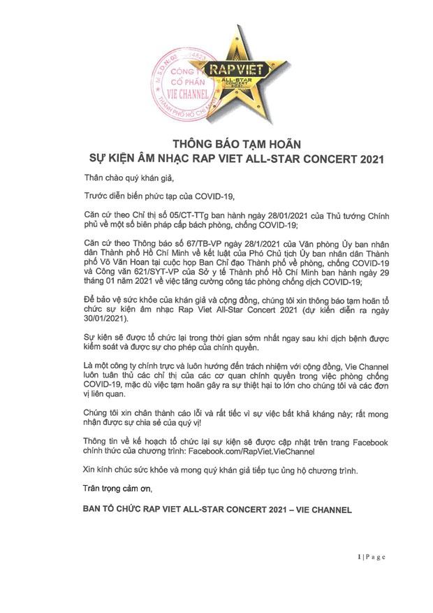 Nóng: Rap Việt All-Star Concert chính thức hoãn vì tình hình dịch Covid-19 bùng phát - Ảnh 2. Nóng: Rap Việt All-Star Concert chính thức hoãn vì tình hình dịch Covid-19 bùng phát - Ảnh 2.