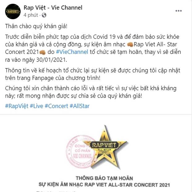 Nóng: Rap Việt All-Star Concert chính thức hoãn vì tình hình dịch Covid-19 bùng phát - Ảnh 1.
