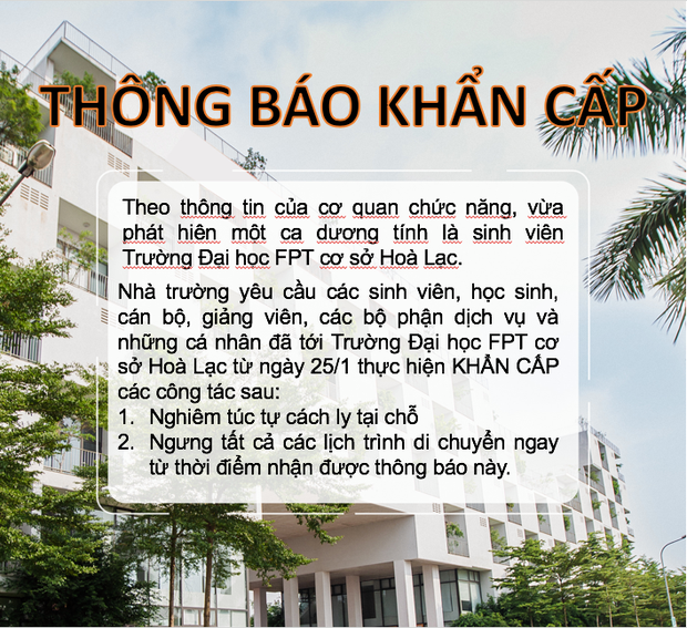 ĐH FPT ra thông báo khẩn cấp khi phát hiện 1 sinh viên dương tính với Covid-19 - Ảnh 1.