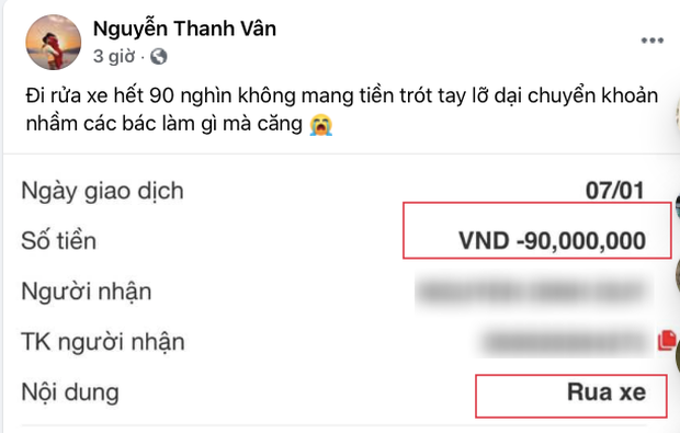 Vân Hugo gặp chuyện “dở khóc dở cười”: Chuyển khoản nóng 90 triệu đồng phí... rửa xe, cả dàn sao Vbiz cũng ngỡ ngàng! - Ảnh 2.