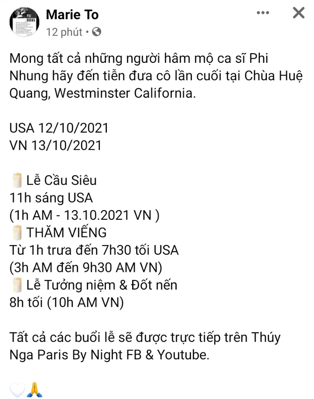 Làm thế nào để theo dõi trực tiếp lễ tang ca sĩ Phi Nhung từ Mỹ? - Ảnh 2.