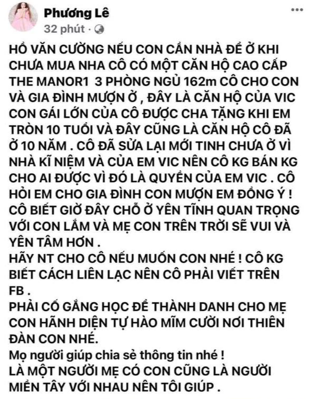 1 Hoa hậu tuyên bố cho gia đình Hồ Văn Cường mượn chung cư cao cấp 10 tỷ để ở sau khi rời khỏi nhà Phi Nhung - Ảnh 2.