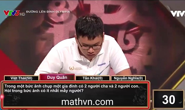 Câu hỏi Olympia hack não: Có 2 người cha, 2 người con. Hỏi có ít nhất bao nhiêu người, trả lời khác 4 chứng tỏ IQ rất cao! - Ảnh 1. Câu hỏi Olympia hack não: Có 2 người cha, 2 người con. Hỏi có ít nhất bao nhiêu người, trả lời khác 4 chứng tỏ IQ rất cao! - Ảnh 1.