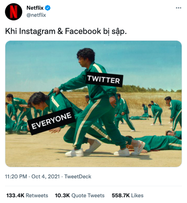 Facebook sập, Netflix biến Squid Game thành loạt meme ám ảnh nhất ngày: Nhiều hãng lớn, netizen đổ xô vào cà khịa căng đét! - Ảnh 2.