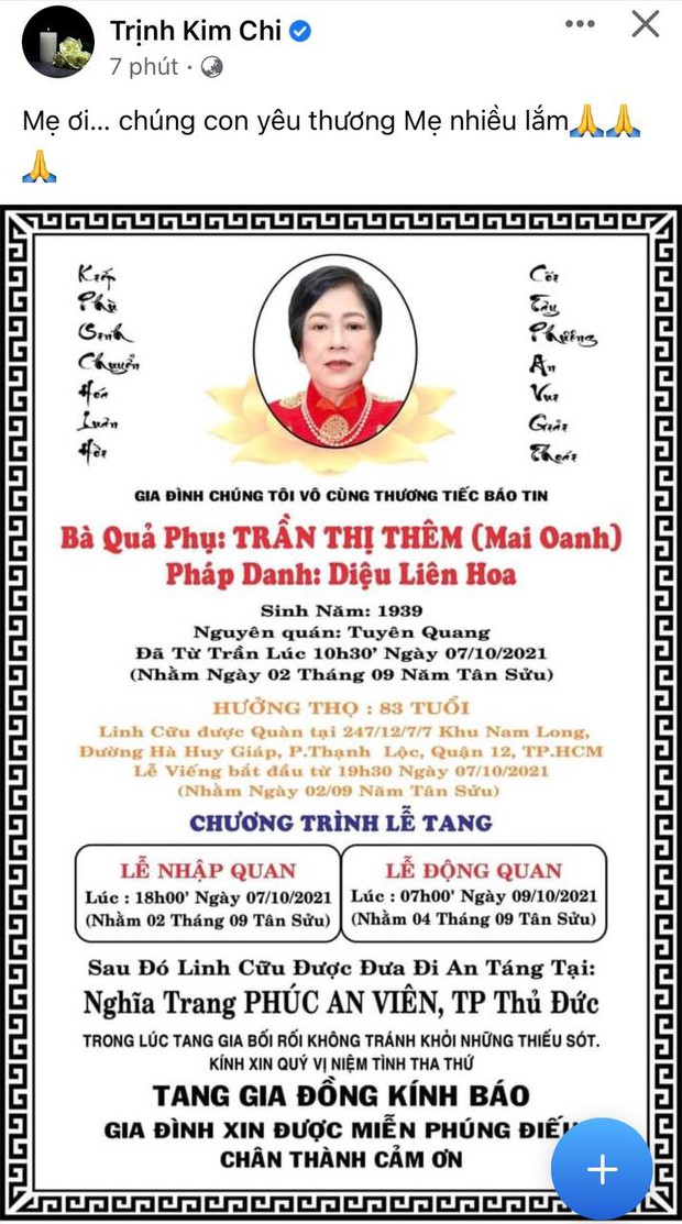 Tin buồn: Mẹ ruột Trịnh Kim Chi qua đời, NS Hồng Vân - Vy Oanh và dàn sao đồng loạt chia buồn - Ảnh 2. Tin buồn: Mẹ ruột Trịnh Kim Chi qua đời, NS Hồng Vân - Vy Oanh và dàn sao đồng loạt chia buồn - Ảnh 2.