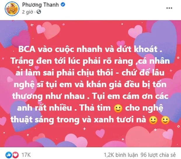Ca sĩ Phương Thanh cảm ơn Bộ Công an: Trắng đen tới lúc phải rõ ràng, cá nhân ai làm sai phải chịu thôi - Ảnh 2. Ca sĩ Phương Thanh cảm ơn Bộ Công an: Trắng đen tới lúc phải rõ ràng, cá nhân ai làm sai phải chịu thôi - Ảnh 2.
