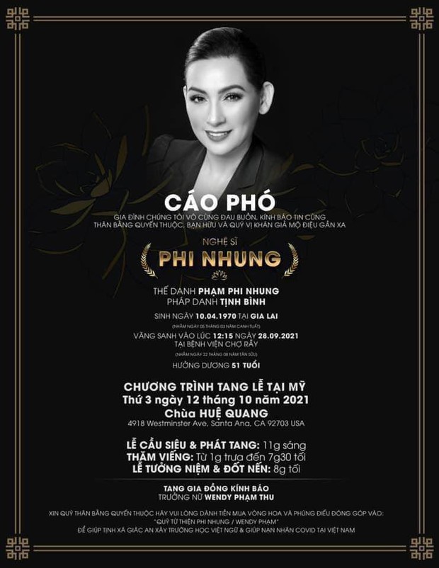 Cáo phó ca sĩ Phi Nhung tại Mỹ: Con gái chờ nhận tro cốt, xin miễn nhận vòng hoa mà làm 1 việc ý nghĩa giống lễ tang NS Chí Tài? - Ảnh 2.