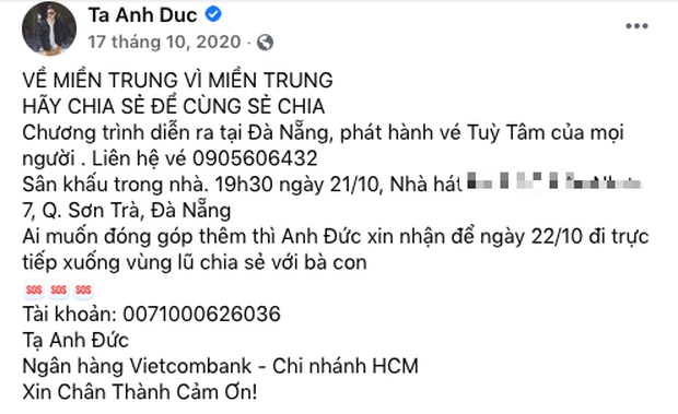 Rộ tin Anh Đức âm thầm xoá bài kêu gọi từ thiện hỗ trợ miền Trung năm 2020, thực hư thế nào? - Ảnh 4. Rộ tin Anh Đức âm thầm xoá bài kêu gọi từ thiện hỗ trợ miền Trung năm 2020, thực hư thế nào? - Ảnh 4.