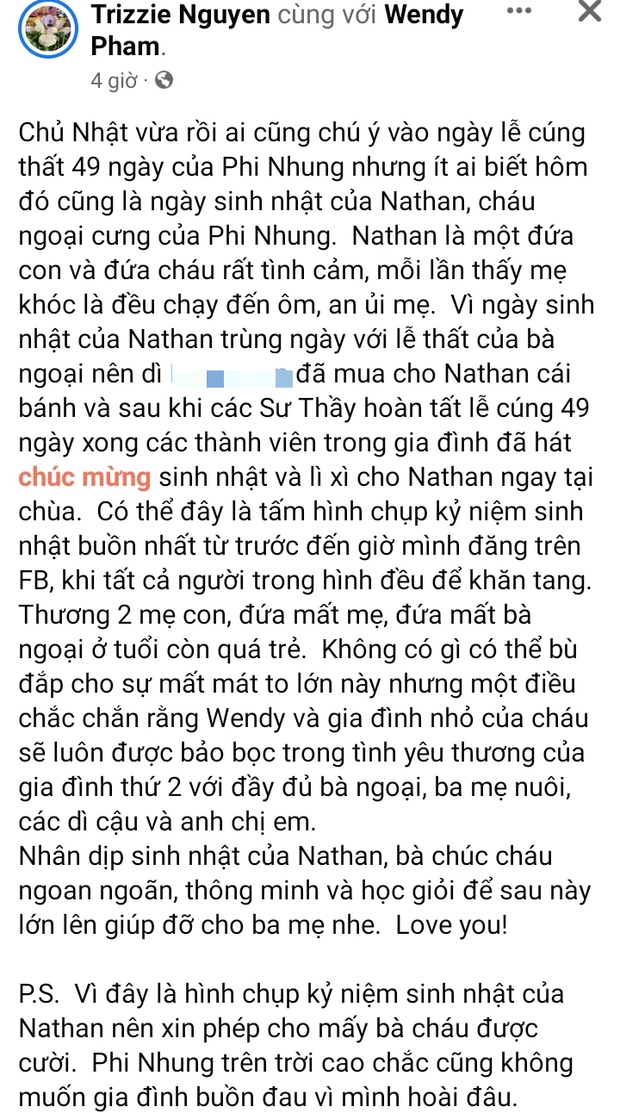 Cháu ngoại Phi Nhung đội khăn tang, đón sinh nhật đúng ngày cúng thất của bà: Gia đình xin phép làm 1 điều? - Ảnh 2.