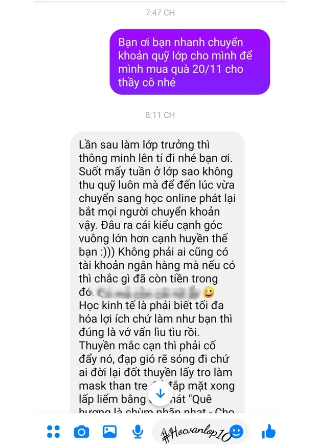 Nhắc nhở nam sinh đóng tiền quà 20/11 cho giáo viên, lớp trưởng tái mặt nhận về 1 dòng tin nhắn - Ảnh 1. Nhắc nhở nam sinh đóng tiền quà 20/11 cho giáo viên, lớp trưởng tái mặt nhận về 1 dòng tin nhắn - Ảnh 1.