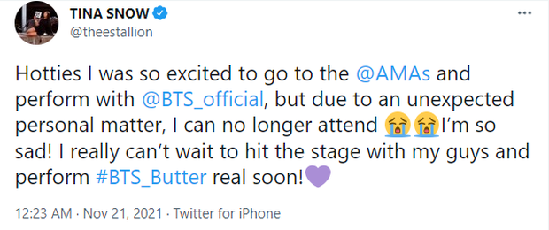 Megan Thee Stallion bất ngờ hủy sân khấu diễn cùng BTS ngay sát giờ G của AMAs 2021, lí do là gì? - Ảnh 1.