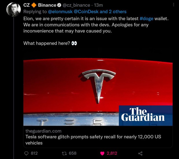 Elon Musk đá xoáy ông trùm Binance về Dogecoin, mỗi tội bị bật lại 1 câu khiến CEO Tesla đọc xong cũng phải câm lặng - Ảnh 2. Elon Musk đá xoáy ông trùm Binance về Dogecoin, mỗi tội bị bật lại 1 câu khiến CEO Tesla đọc xong cũng phải câm lặng - Ảnh 2.
