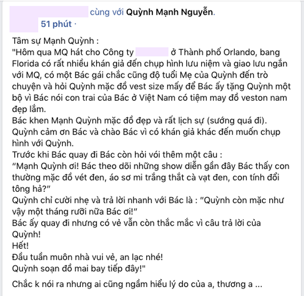 Khán giả thắc mắc Mạnh Quỳnh chỉ mặc vest đen đi diễn, lý do đằng sau gây xúc động - Ảnh 1. Khán giả thắc mắc Mạnh Quỳnh chỉ mặc vest đen đi diễn, lý do đằng sau gây xúc động - Ảnh 1.