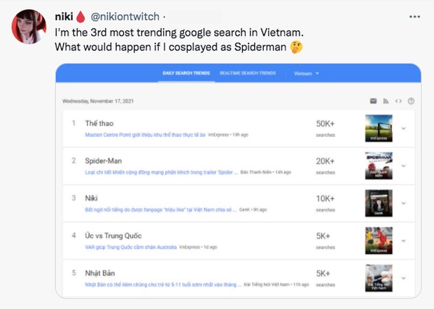 Nữ streamer Niki khoe lọt top 3 tìm kiếm tại Việt Nam, thậm chí muốn cosplay thành nhân vật siêu anh hùng đang vượt mặt mình! - Ảnh 3.