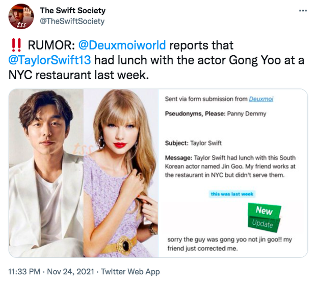 Team qua đường bắt gặp Taylor Swift đi ăn trưa với chú yêu tinh Gong Yoo, chuyện gì đây? - Ảnh 1.