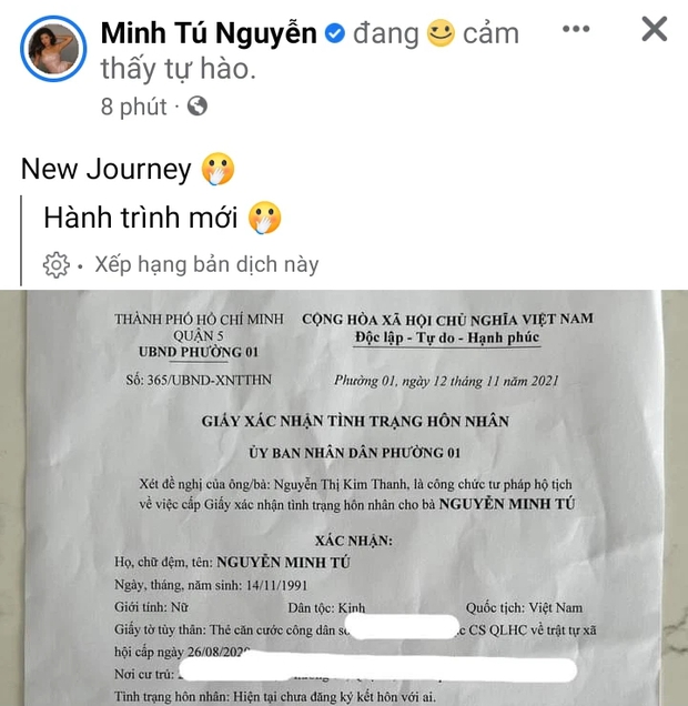 Hậu công khai người yêu, Minh Tú khoe giấy xác nhận tình trạng hôn nhân cùng dòng trạng thái nghi chuẩn bị lên xe hoa? - Ảnh 2. Hậu công khai người yêu, Minh Tú khoe giấy xác nhận tình trạng hôn nhân cùng dòng trạng thái nghi chuẩn bị lên xe hoa? - Ảnh 2.