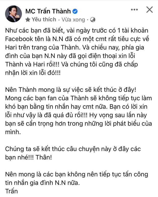 Trấn Thành thông báo kết quả sau khi làm việc với antifan xúc phạm Hari Won, đem cả chuyện sống chết ra để bàn luận - Ảnh 3. Trấn Thành thông báo kết quả sau khi làm việc với antifan xúc phạm Hari Won, đem cả chuyện sống chết ra để bàn luận - Ảnh 3.