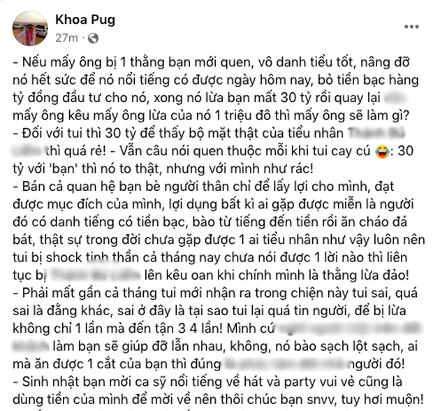 “Nổ” status bóc mẽ Johnny Đặng căng đét, Khoa Pug chốt lại bằng… lời cảm ơn tới một người giúp “đầu óc thanh thản”: Ai vậy ta? - Ảnh 1. “Nổ” status bóc mẽ Johnny Đặng căng đét, Khoa Pug chốt lại bằng… lời cảm ơn tới một người giúp “đầu óc thanh thản”: Ai vậy ta? - Ảnh 1.