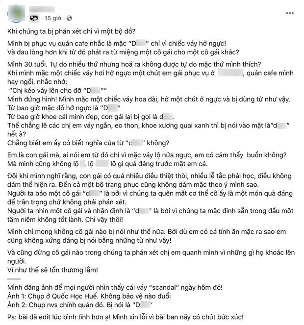 Mặc váy hở ngực đi cà phê liền bị nhắc nhở, cô gái bức xúc vì nhân viên dùng từ ngữ thô tục, dân mạng tranh cãi không hồi kết - Ảnh 1. Mặc váy hở ngực đi cà phê liền bị nhắc nhở, cô gái bức xúc vì nhân viên dùng từ ngữ thô tục, dân mạng tranh cãi không hồi kết - Ảnh 1.