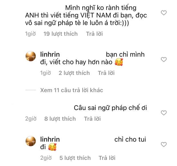 Linh Rin thể hiện trình độ viết caption nguyên bằng tiếng Anh, ai dè bị netizen chê sai ngữ pháp tùm lum - Ảnh 3. Linh Rin thể hiện trình độ viết caption nguyên bằng tiếng Anh, ai dè bị netizen chê sai ngữ pháp tùm lum - Ảnh 3.