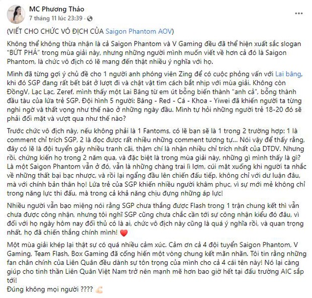 MC Phương Thảo viết tâm thư xúc động khi Saigon Phantom vô địch ĐTDV: Các tuyển thủ trẻ khiến nhiều người khâm phục! - Ảnh 1.